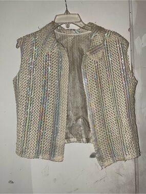 Vintage 80s Cream Sequin-Striped Knit Vest - Women Jackets & Coats